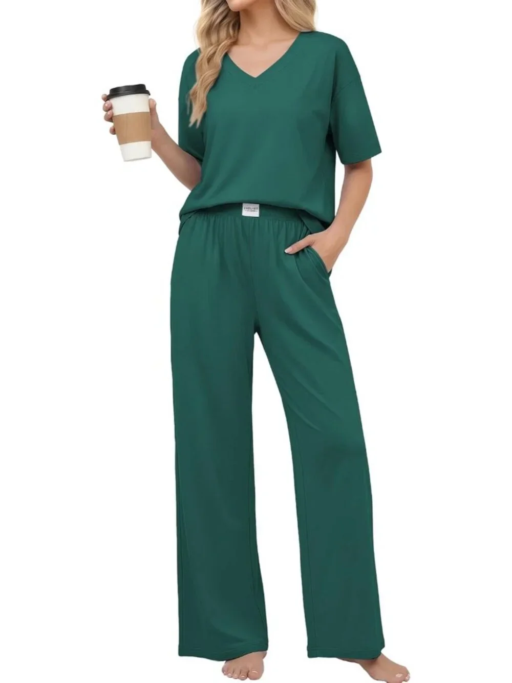 Women's Green Cotton Short Sleeve Sleepwear Pant Pockets Pajama Set